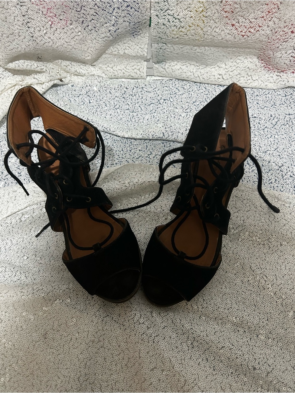 Qupid Black Lace-Up Open Toe High Heel Sandals